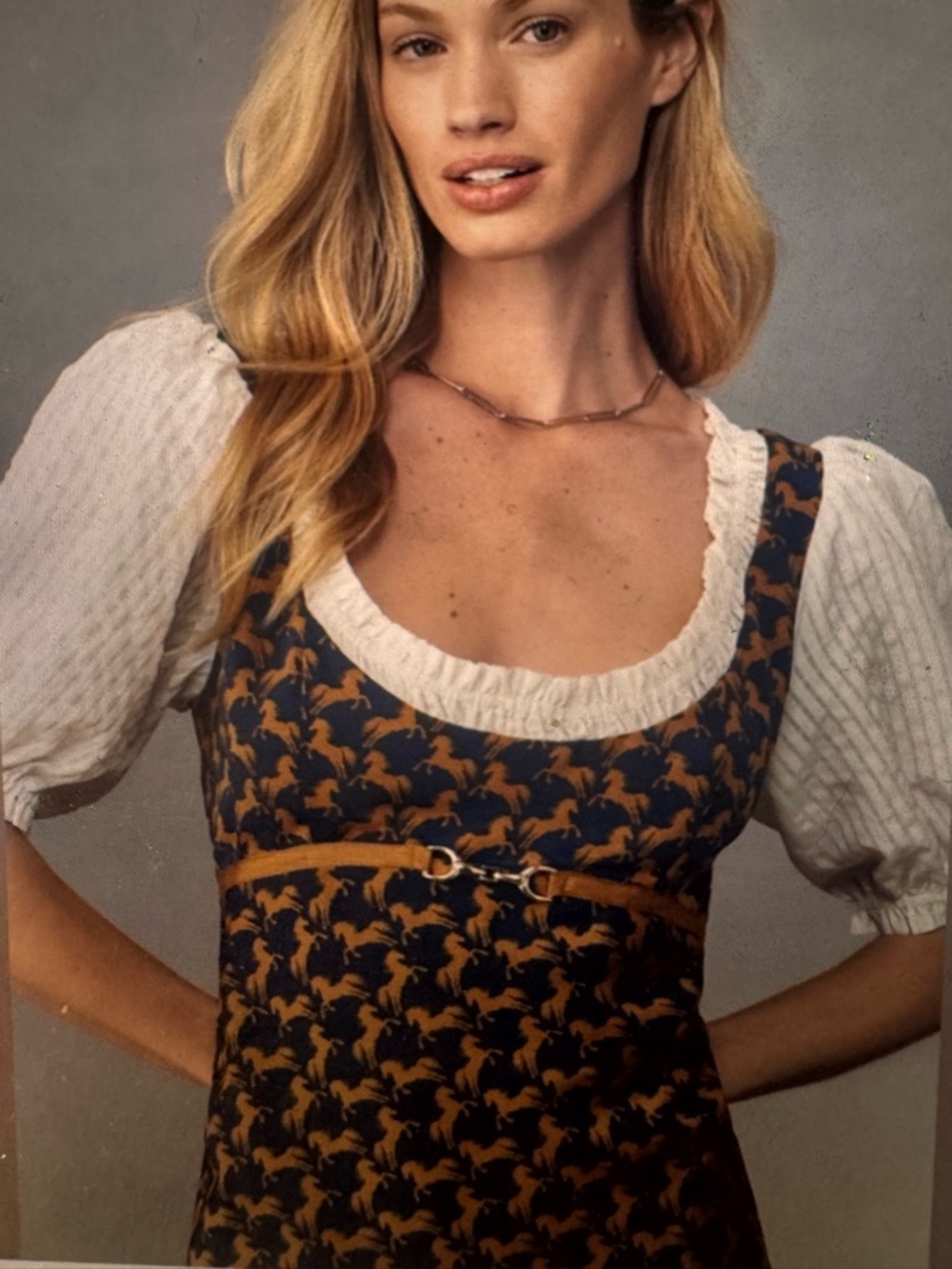 Maeve Puff-Sleeve Navy with Horses Mini Dress - Anthropologie - Picture 2 of 5